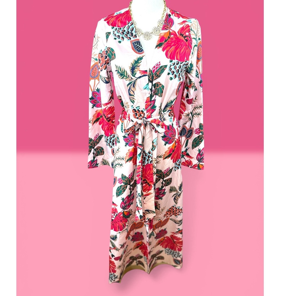 Raga Natura Kimono SizeSM Red Multi NWT Tropical Floral Maxi Wrap Robe oversized
